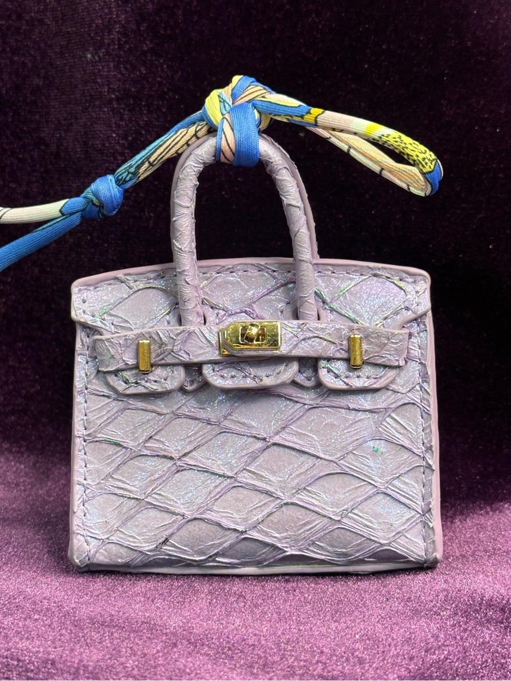 iridescent lavender mini bag charm w/ twilly scarf tie